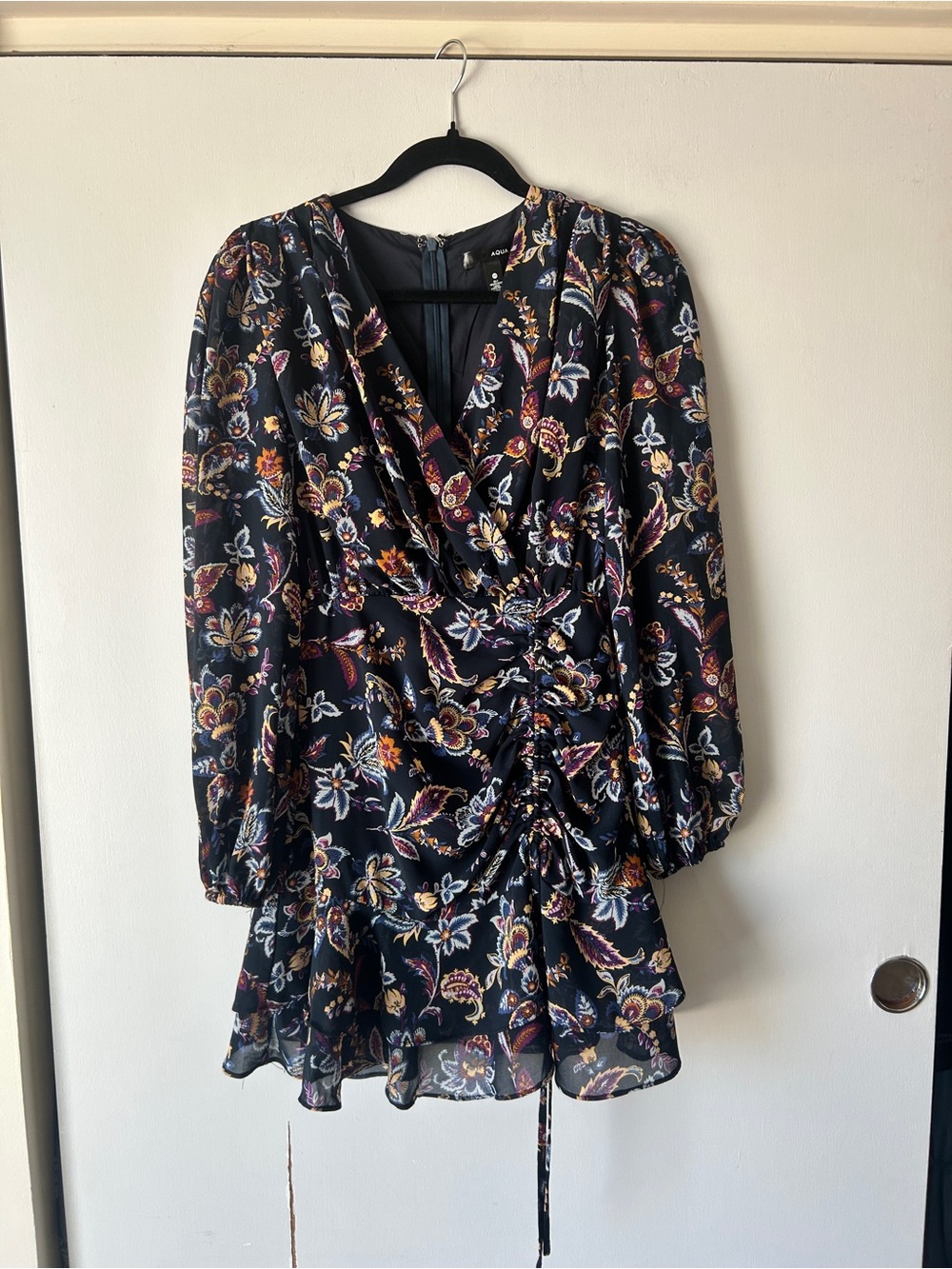Aqua Black Floral V-Neck Ruched Mini Dress
